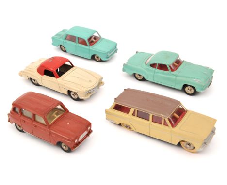 5 French Dinky Toys. Fiat 1800 in cream with metallic brown roof and red interior. Simca 1000 in light green with red interio