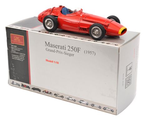 CMC 1:18 scale Maserati 250F (1957) Grand-Prix-Sieger. In Italian racing red with silver interior and blue fabric seat, ‘wood