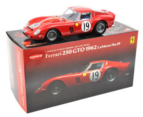 Kyosho 1:18 scale 1962 Ferrari GTO Le Mans. In Italian racing red with blue, white, red and yellow racing stripes, RN19. With