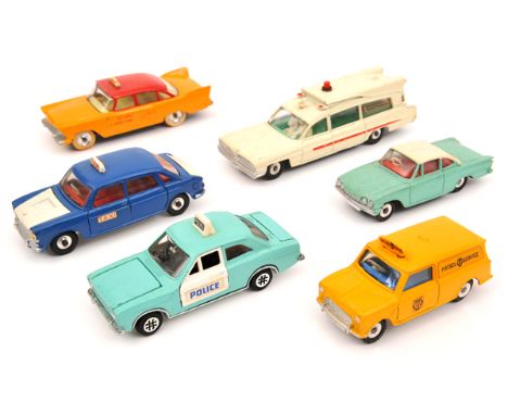 6 Dinky Toys. Plymouth Plaza ‘Taxi’ in yellow and red livery with white interior. Austin 1800 ‘Taxi’ in blue with white bonne