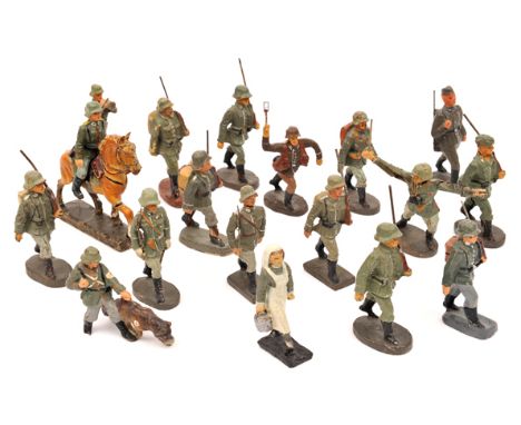 18 Lineol, Elastolin etc composition German toy soldiers. Most pre WW11 infantry, including one mounted, red cross soldier wi