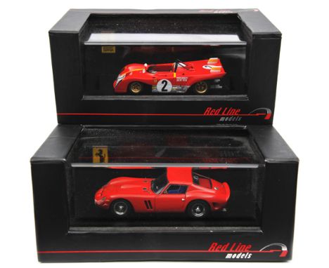 2 Red Line Models Ferrari. Model 312 PB, RN2 winner Daytona 1972. Plus a 250GTO. Both in Italian racing red. Mounted in displ