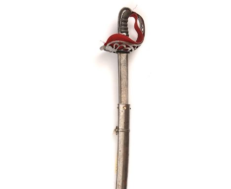 An 1821 pattern heavy cavalry officer’s sword, blade 17” (cut down and repointed), etched with foliage and slender scrolled p