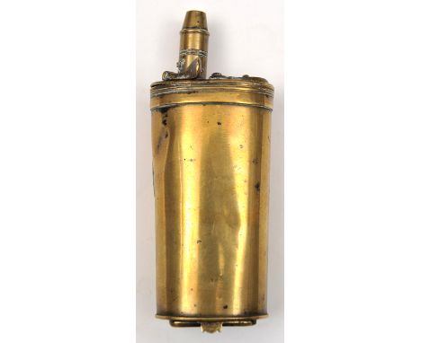 An all brass 3 way pistol flask, 5” overall, with swivel cap to bullet compartment and sliding lid to base. Basically GC (spr