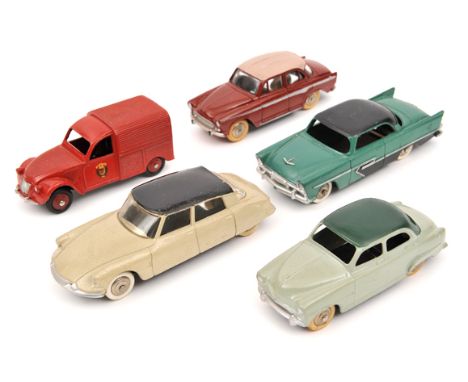 5 French Dinky Toys. Simca 9 Aronde in light green with dark green roof. Citroen 2CV van in Sapeur livery. Citroen DS19 in cr