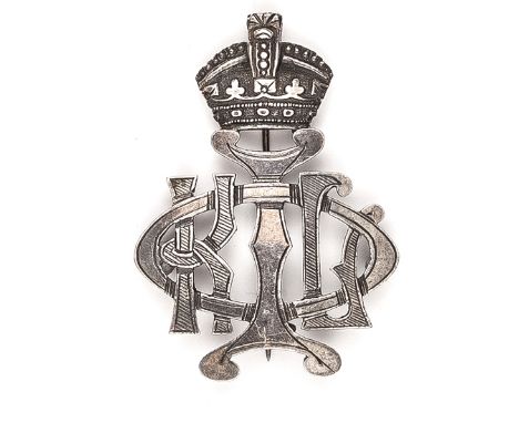 A Vic officer’s silver coloured puggaree badge of The King’s Own Light Infantry (S Yorkshire Regt), KOLI monogram surmounted 