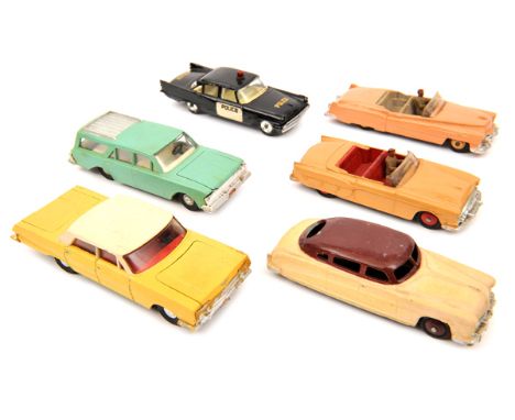 6 Dinky Toys. Packard in light brown with red interior and wheels. Chevrolet Impala in creamy yellow with white roof and red 