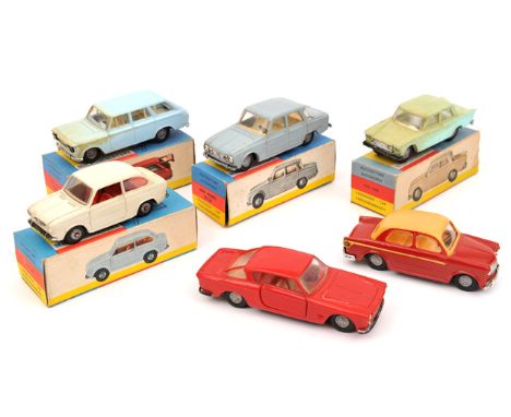 6 scarce 1960’s Politoys plastic 1:43 scale Fiat etc. No29 1100 Lusso Berlina in red with orange roof and flash to sides. No4