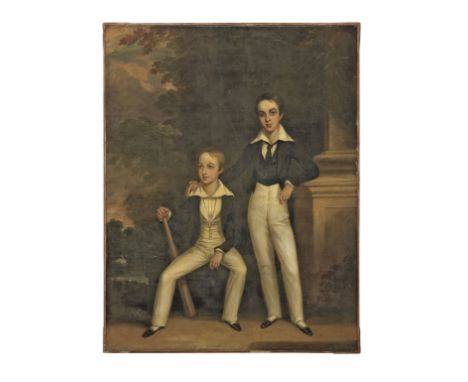 Circle of George Henry Harlow (London 1787-1819)Portrait of two boys in a landscape, one with a cricket batoil on canvas 91 x