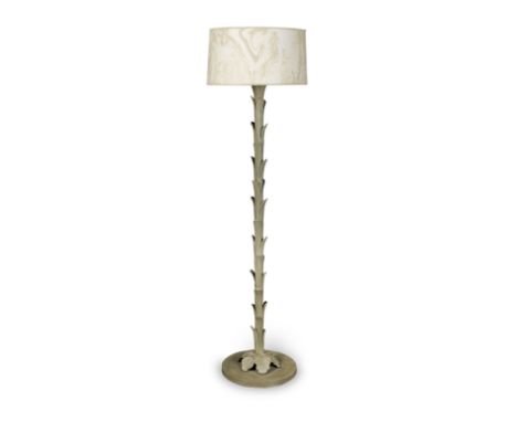 A green-grey painted metal standard lamp1930sOf palmette form, on circular base, with marbleised card shade, 170 cm. high ove