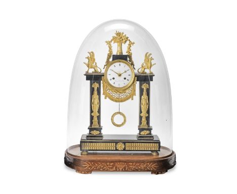 An Empire ormolu-mounted black marble mantel clockThe dial signed Bayart Bger a St Omer  Of architectural form, the front mou
