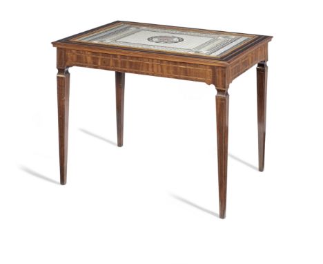 A mahogany and sycamore inlaid centre table  Early 19th CenturyOf rectangular form, the top inset with a silk marquetry panel