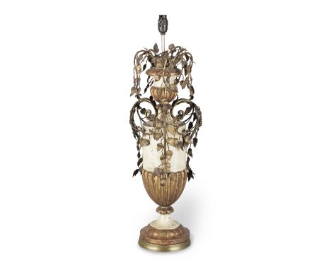 An Italian gilt-metal mounted parcel gilt and cream painted lamp19th centuryThe slender urn body with upper vase section on a