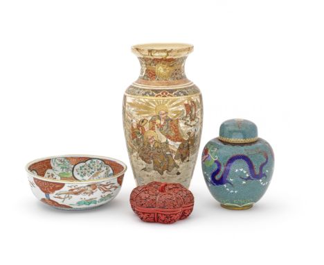 Four Chinese and Japanese vessels19th centuryComprising a cloisonne enamel oviform jar and cover, 20cm high; a late Arita bow