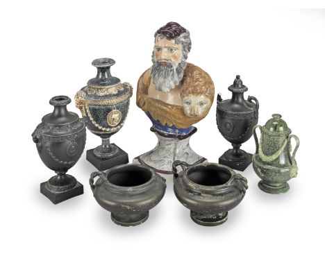 A GROUP OF STAFFORDSHIRE BASALT, CREAMWARE AND PEARLWARE URNS AND VASES INCLUDING A COPY OF THE PALMER VASECirca 1770 and lat