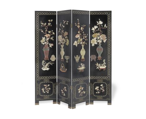 A Chinese headstone mounted black lacquer four part- folding screenModernEach panel applied with a vase of flowers, blossomin