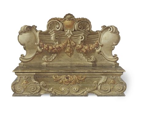 A Baroque revival polychrome painted hall bench20th centuryMarbleised and painted with architectural scrolls hung with fruiti
