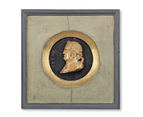 An Italian framed Siena marble portrait bust of the Emperor Titus19th century Carved in high relief and mounted on a slate ro