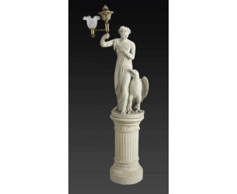 A REGENCY PAINTED PLASTER FIGURAL TORCHERE OF HEBEBy Humphrey Hopper, dated 1820Holding a brass oil lamp with a glass shade a