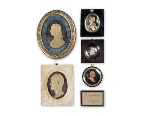 FIVE WAX PORTRAIT RELIEFS19th century Comprising Mrs Hargreaves and the Earl of Enniskillen both by Richard Cockle Lucas, Cha