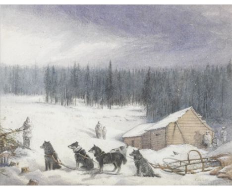 European  School, late 19th/early 20th CenturySled dogs and figures in a snowy landscapeindistinctly signed and inscribed 'Ni