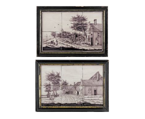 A pair of framed 19th Century delft tile pictures,Depicting landscapes with cottages and figures with a horse and cart, these