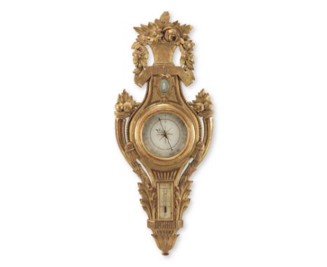 A Louis XVI style carved and giltwood wall barometer and thermometerThe dial signed J. BlanchardThe 7 inch circular and later