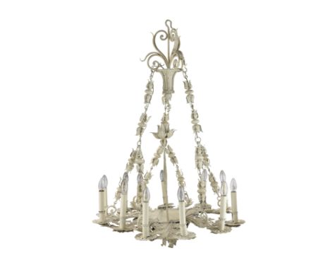 A French painted tole eight light chandelierLate 19th centuryWith bell flower embellished chains and the central bowl issuing
