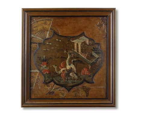A French painted Chinoiserie decorated panelEarly 20th centuryWith asymmetrical moulded decoration, the central panel painted
