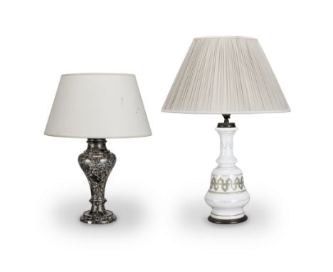 A marble lampLate 19th centuryOf baluster form, with white card shade, later fitted for electricity, together with a French o