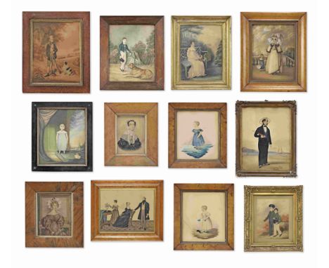 18th and 19th century school, A Collection of fourteen naïve watercolour portraitsIncluding a portrait of a girl wearing a bl