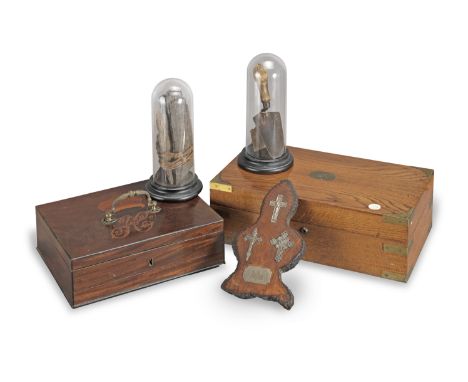 A VICTORIAN OAK DOCUMENT BOX CONSTRUCTED FROM TIMBER FROM YORK MINSTERMid-19th century Together with an oak fragment from Yor