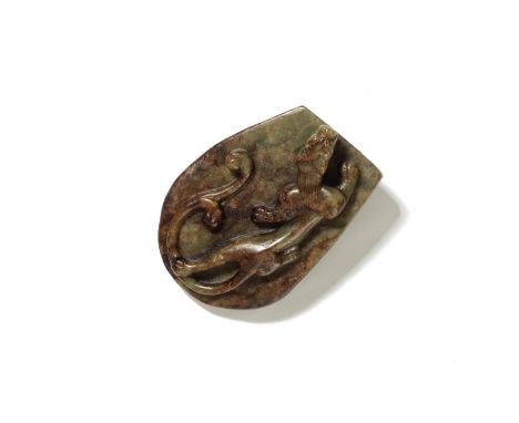 An archaistic green and brown jade two-dragon pendantMing dynasty or laterThe irregular flat plaque carved on both sides in h