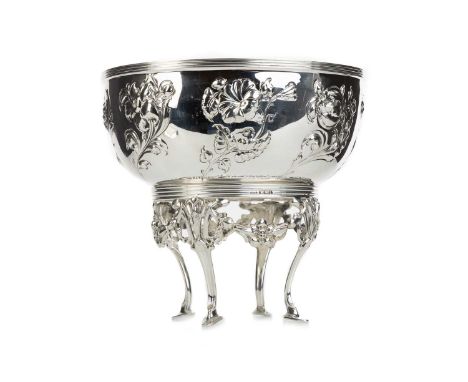 VICTORIAN SILVER BOWL AND STAND, ATKIN BROTHERS, SHEFFIELD 1900 with repousse decoration of spiraling naturalistic flowering 
