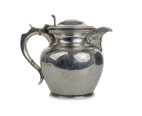 GEORGE V SILVER HOT WATER POT, R & W SORLEY, GLASGOW 1923 of baluster form, with scroll handle, with Bacchus mask motif to sp