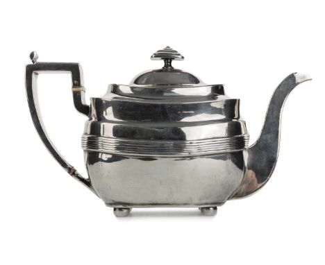 GEORGE III SILVER TEAPOT, LONDON 1807  of oblong form, with ivory spacers and raised on four bun feet, no maker mark presentT