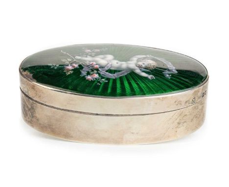 VICTORIAN SILVER AND ENAMEL TRINKET BOX, WILLIAM COMYNS, LONDON 1898 of oval form, with green guilloche enamel decoration and