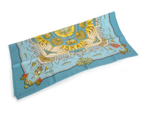 JOACHIM METZ FOR HERMES, RAILING SILK SCARF first issued 1998, baby blue ground84cm square