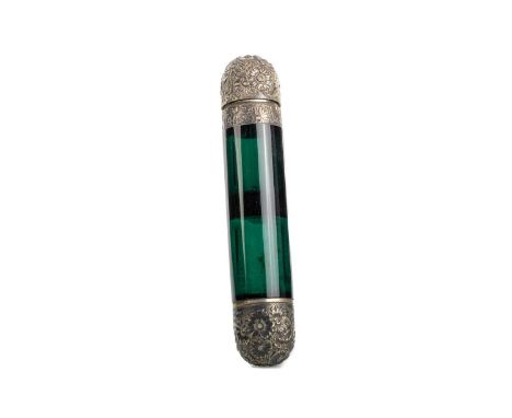 VICTORIAN TEAL GLASS DOUBLE SIDED SCENT BOTTLE, MID / LATE 19TH CENTURY of cylindrical form with white metal mounts (likely s