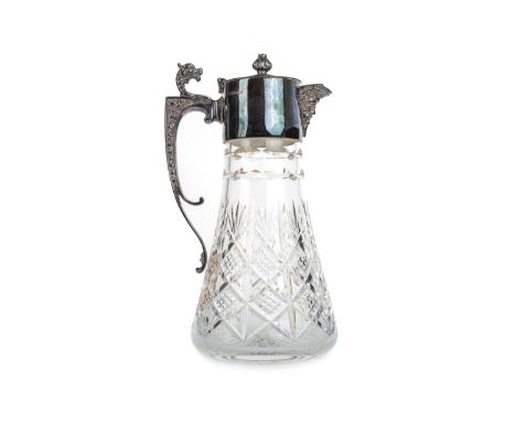 ELIZABETH II SILVER COLLARED CLARET JUG, LAURENCE R WATSON & CO, SHEFFIELD 1987 with crystal glass body and dragon finial han