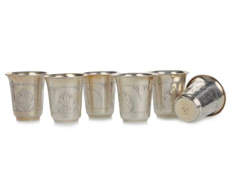 SET OF SIX GEORGE V SILVER BEAKERS, BIRMINGHAM MARKS, 1914 each with foliate decoration and flared rim, in the style of Judai