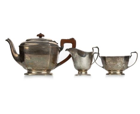 GEORGE V SILVER THREE PIECE TEA SERVICE, WILLIAM SUCKLING, BIRMINGHAM 1932 of octagonal form, comprising teapot, twin handled