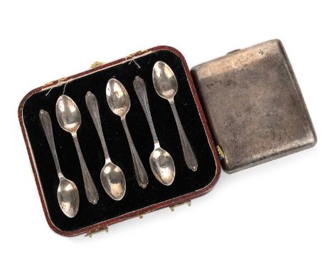 GEORGE V SILVER CIGARETTE CASE, ALONG WITH A SET OF SIX COFFEE SPOONS the cigarette case with Birmingham marks and dated 1929