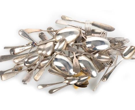 GROUP OF SILVER FLATWARE, VARIOUS ASSAYS AND MAKERS comprising twenty nine spoons, including six tea spoons, as well as tongs