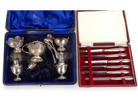 EDWARDIAN SILVER CONDIMENT SET, E & CO, BIRMINGHAM 1906  in fitted case, along with a set of knives