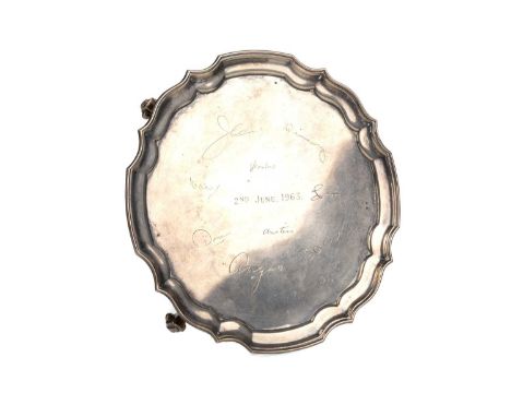 ELIZABETH II SILVER CARD TRAY, BIRMINGHAM 1962 with pie crust border, engraved, raised on claw scroll feet20.5cm wideQty: 317