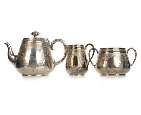VICTORIAN SILVER THREE PIECE TEA SERVICE, GOLDSMITH'S ALLIANCE LTD, LONDON 1886  comprising teapot, cream jug and twin handle