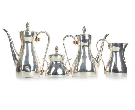 PERUVIAN SILVER FOUR PIECE COFFEE SERVICE, MID 20TH CENTURY comprising coffee pot, hot water pot, lidded sugar bowl with twin