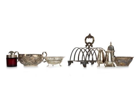 WILLIAM IV SILVER TOAST RACK, ALONG WITH FURTHER SILVER the toast rack with seven bars, London marks and dating to 1837, alon