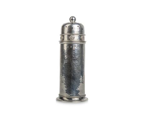 GEORGE V SILVER ARTS & CRAFTS SUGAR CASTER, BIRMINGHAM 1916 of cylindrical shaped form, the cover with ball finial, the body 